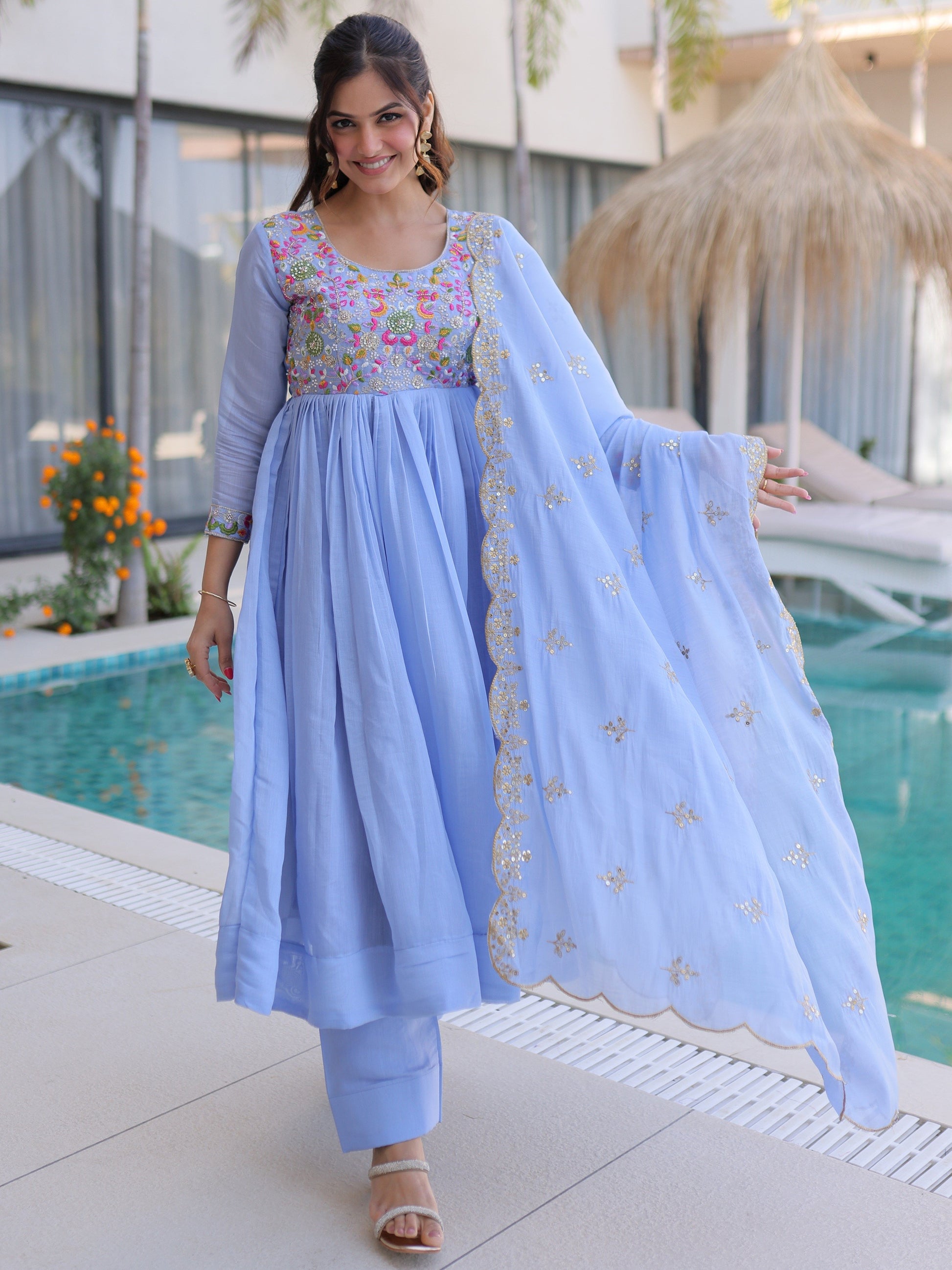 Amazing Sky Blue Embroidered Chanderi Festive Wear Suit With Dupatta