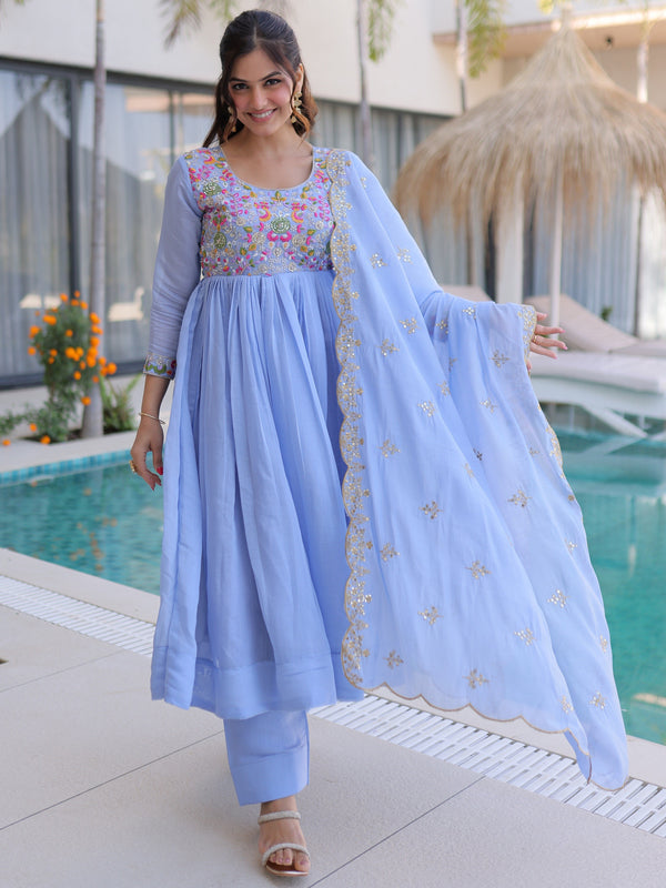 Amazing Sky Blue Embroidered Chanderi Festive Wear Suit With Dupatta