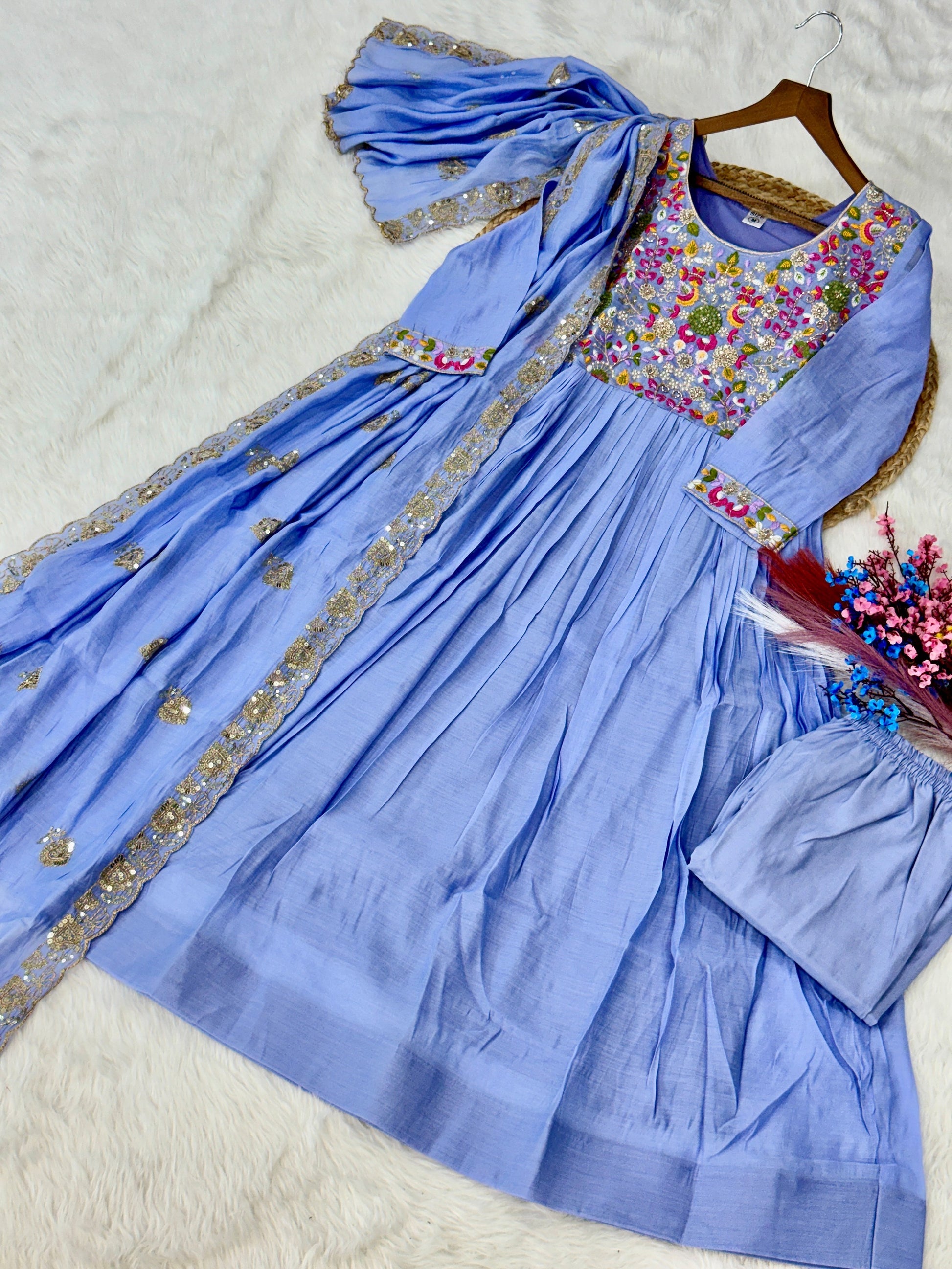 Amazing Sky Blue Embroidered Chanderi Festive Wear Suit With Dupatta