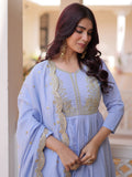 Gorgeous Sky-Blue Beads Chanderi   Festival Anarkali Suite with Dupatta