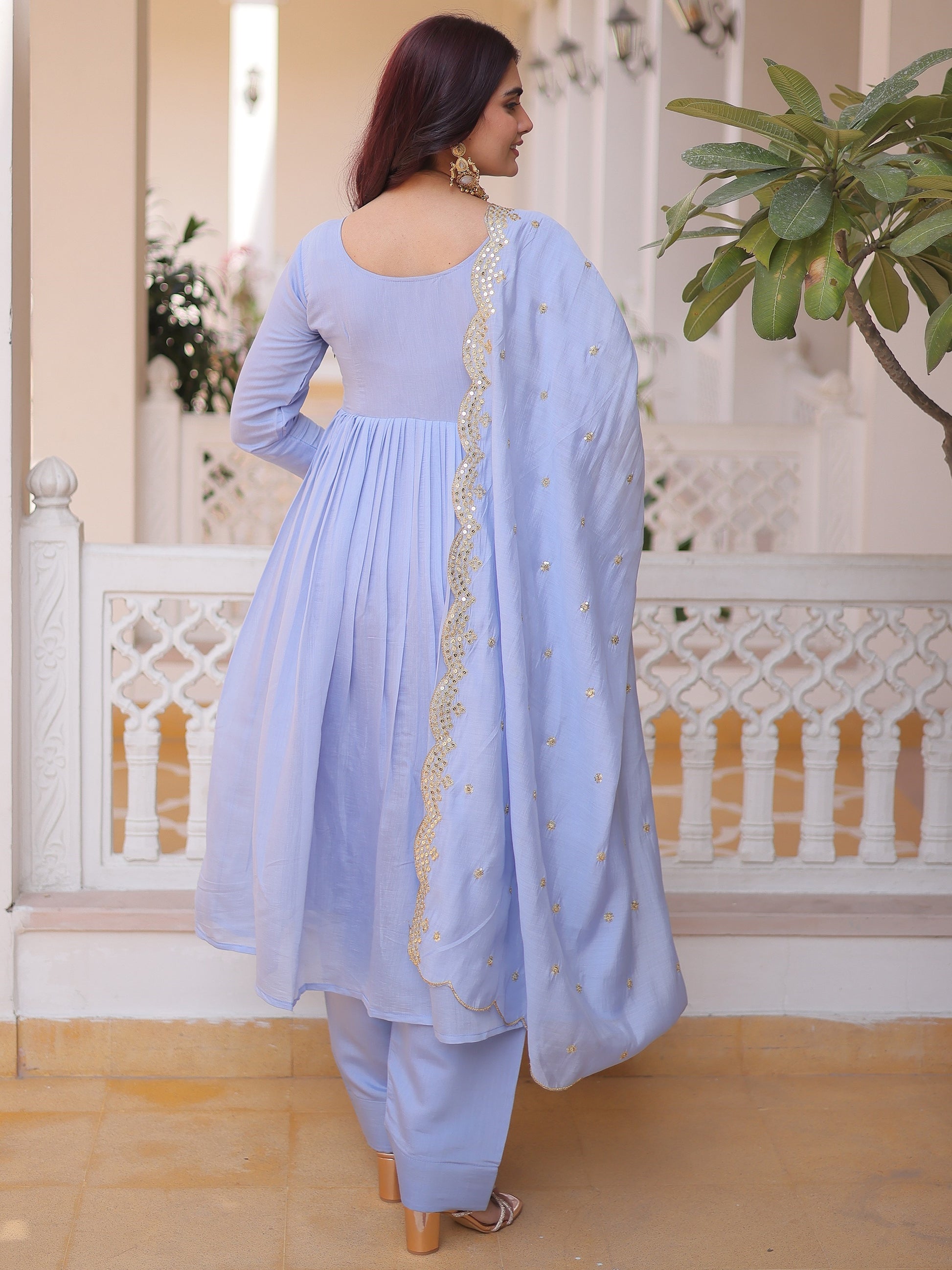 Gorgeous Sky-Blue Beads Chanderi   Festival Anarkali Suite with Dupatta