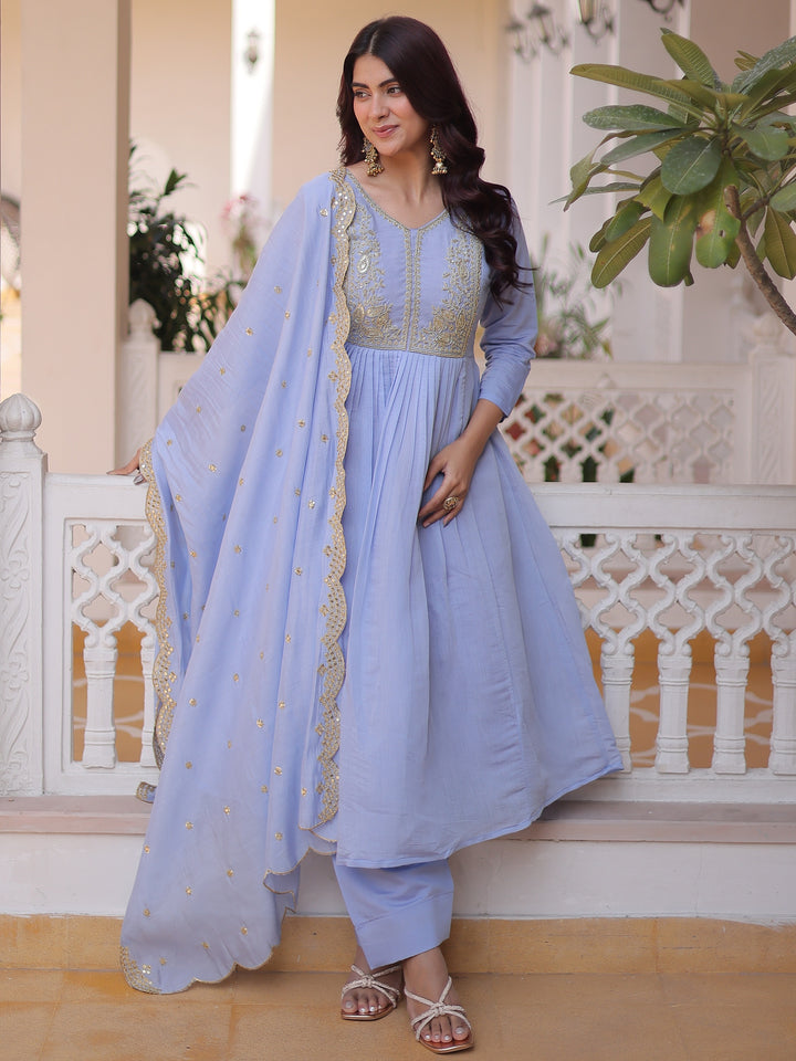 Gorgeous Sky-Blue Beads Chanderi   Festival Anarkali Suite with Dupatta