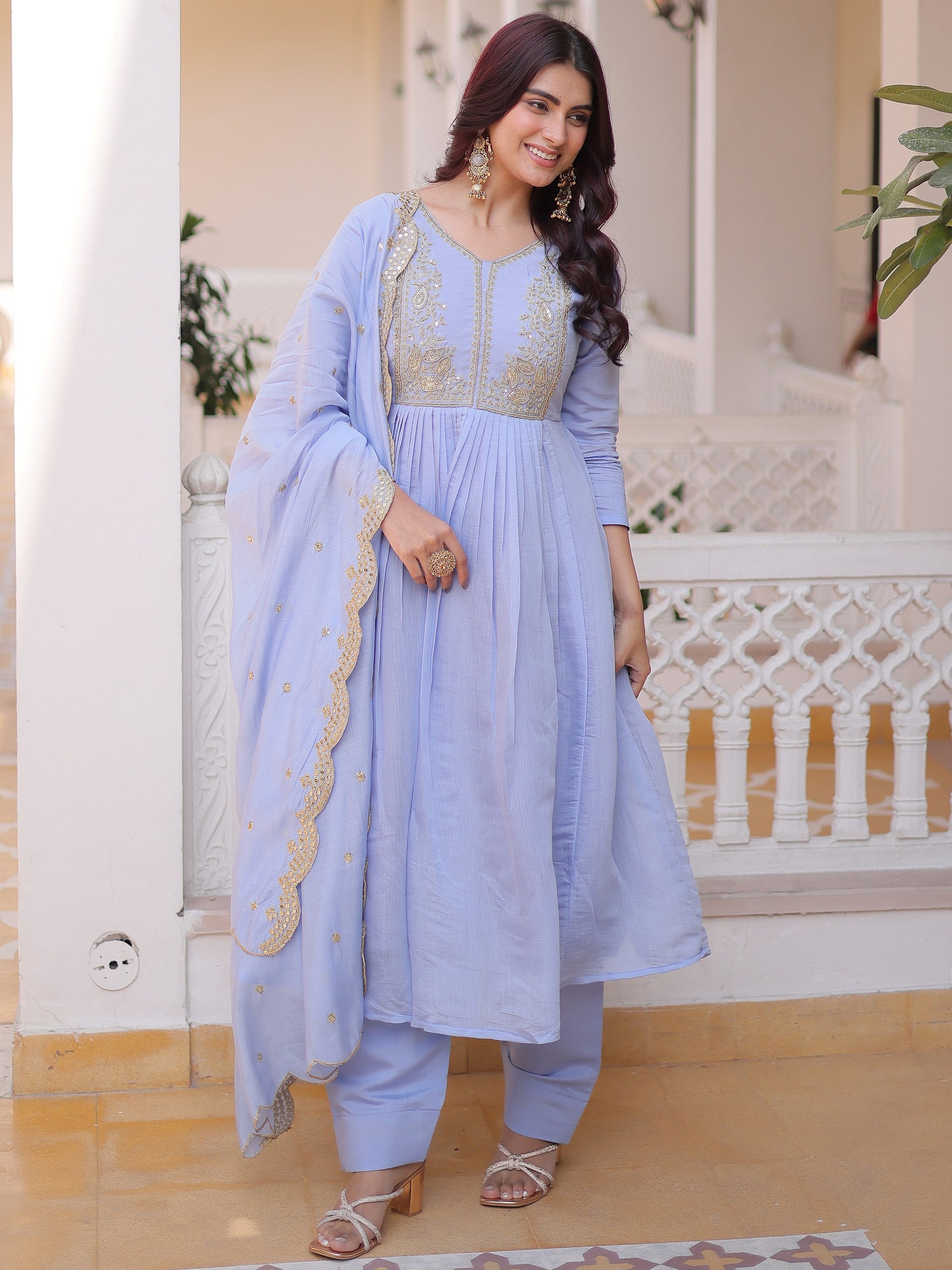 Gorgeous Sky-Blue Beads Chanderi   Festival Anarkali Suite with Dupatta