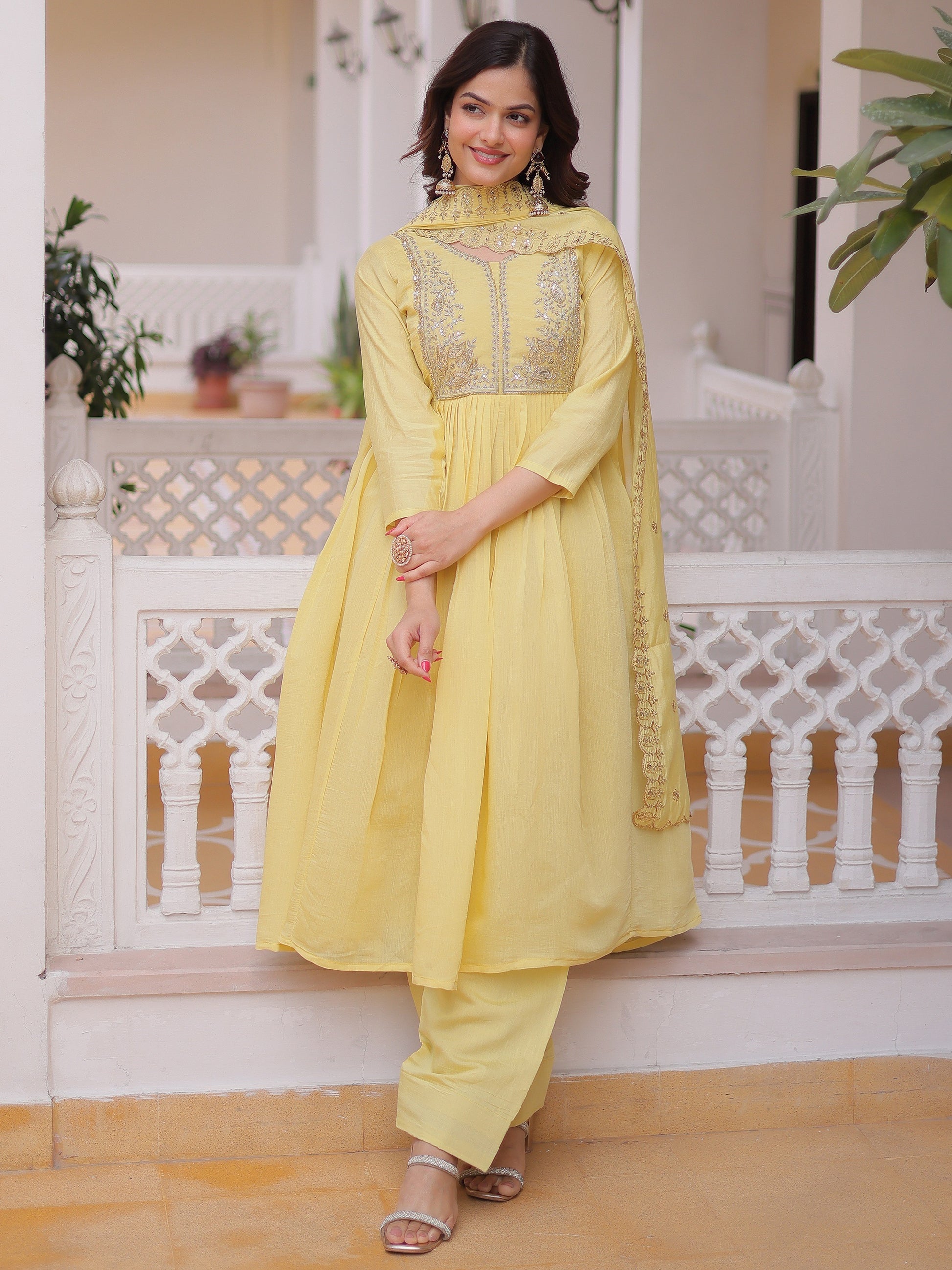 Graceful Yellow Embroidered Chanderi  Festival Anarkali Suite with Dupatta