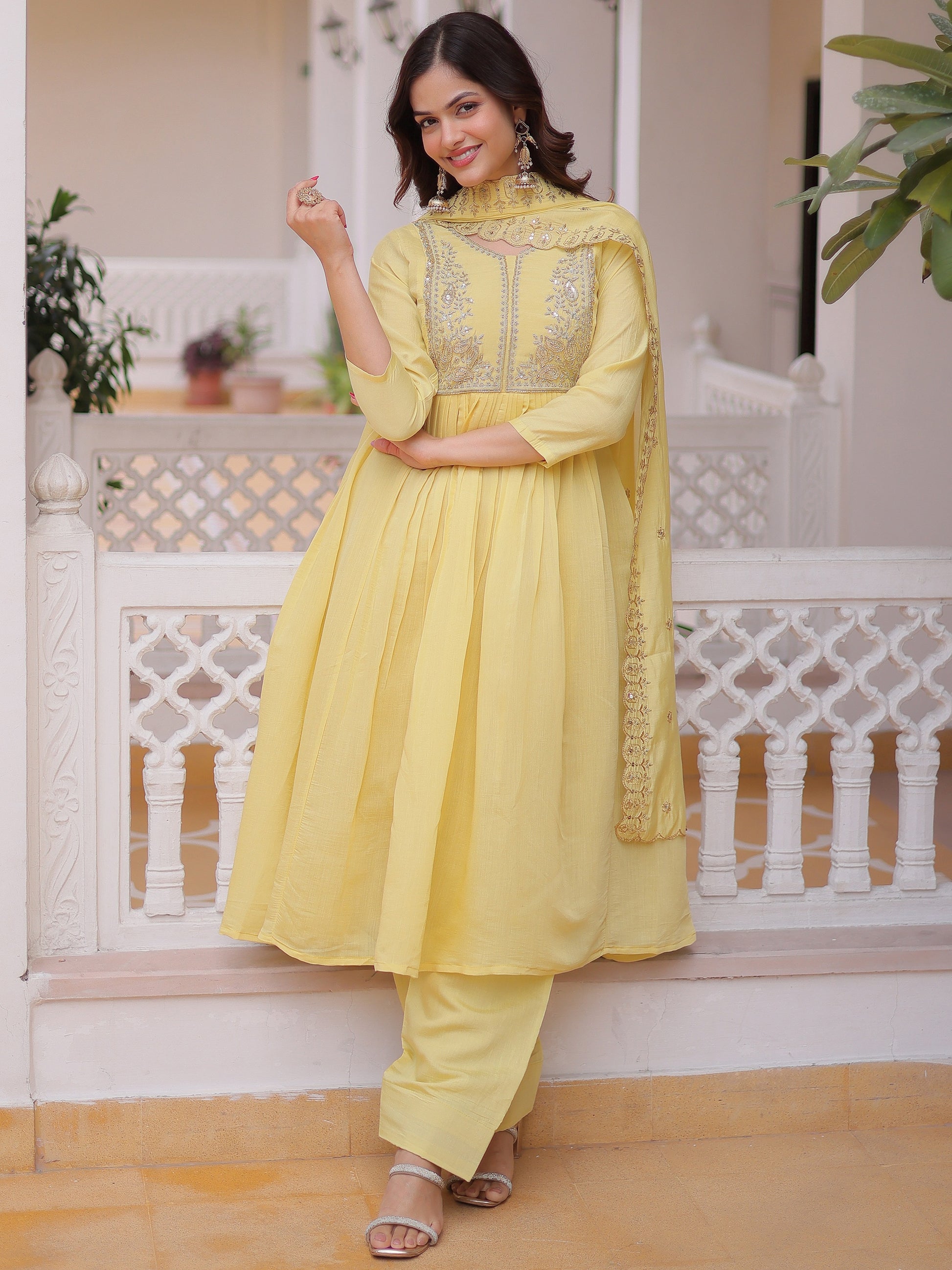 Graceful Yellow Embroidered Chanderi  Festival Anarkali Suite with Dupatta