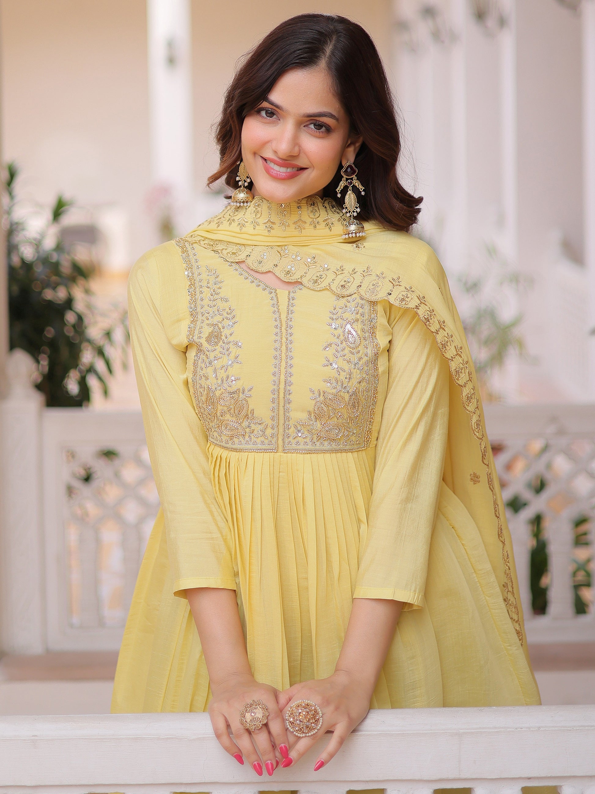 Graceful Yellow Embroidered Chanderi  Festival Anarkali Suite with Dupatta