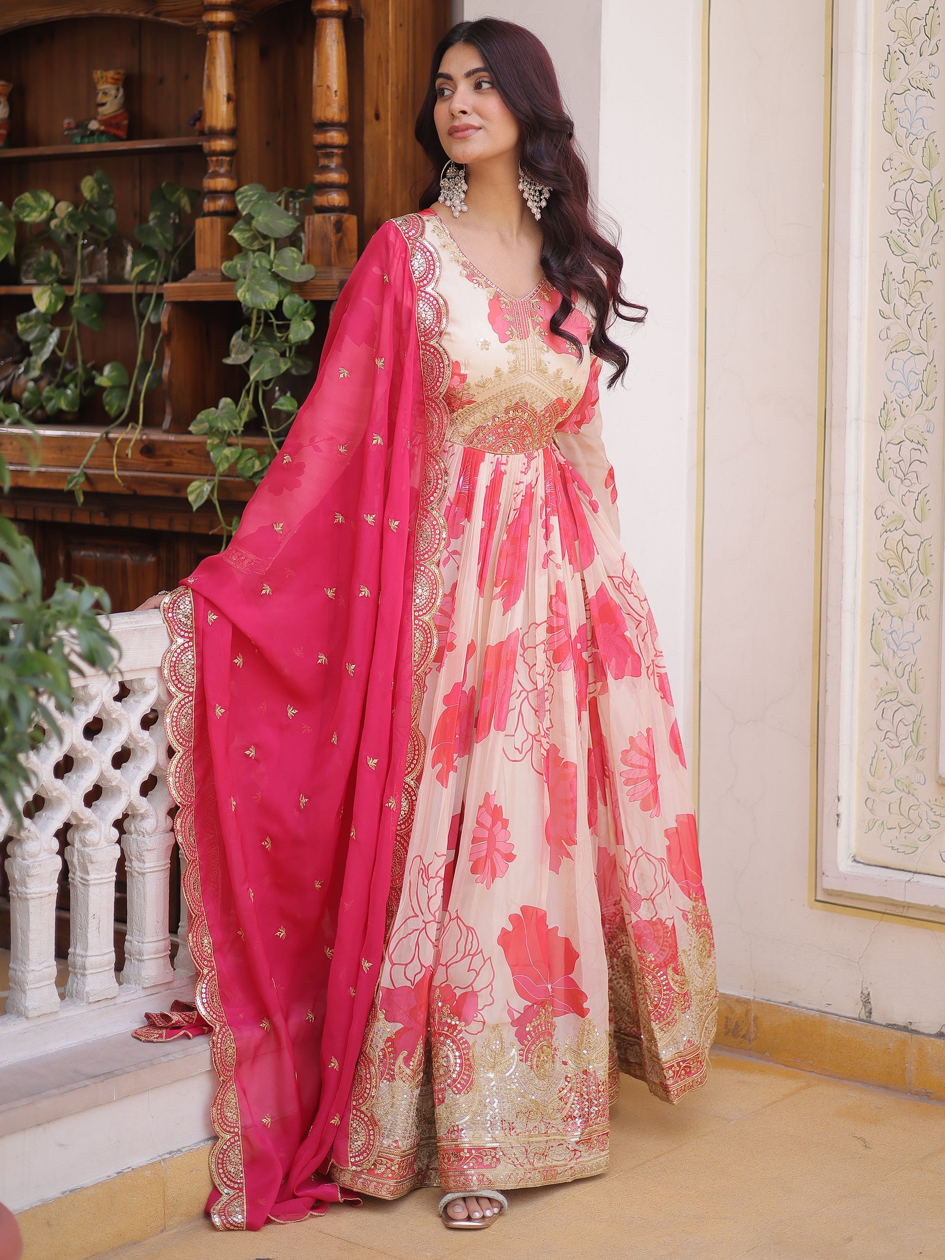 Marvelous Cream Floral Printed Silk Festival Wear Anarkali Gown