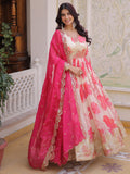 Marvelous Cream Floral Printed Silk Festival Wear Anarkali Gown