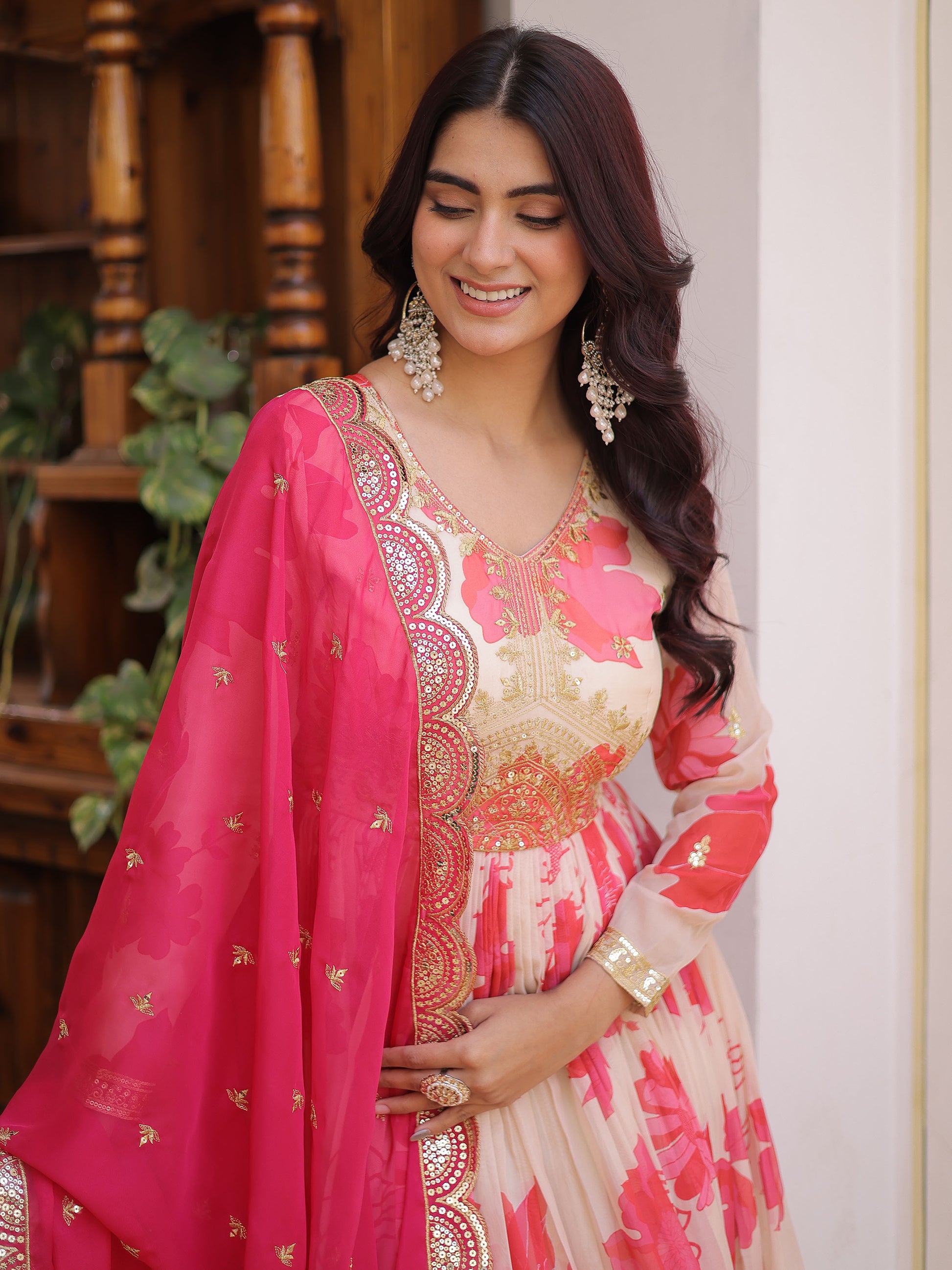 Marvelous Cream Floral Printed Silk Festival Wear Anarkali Gown