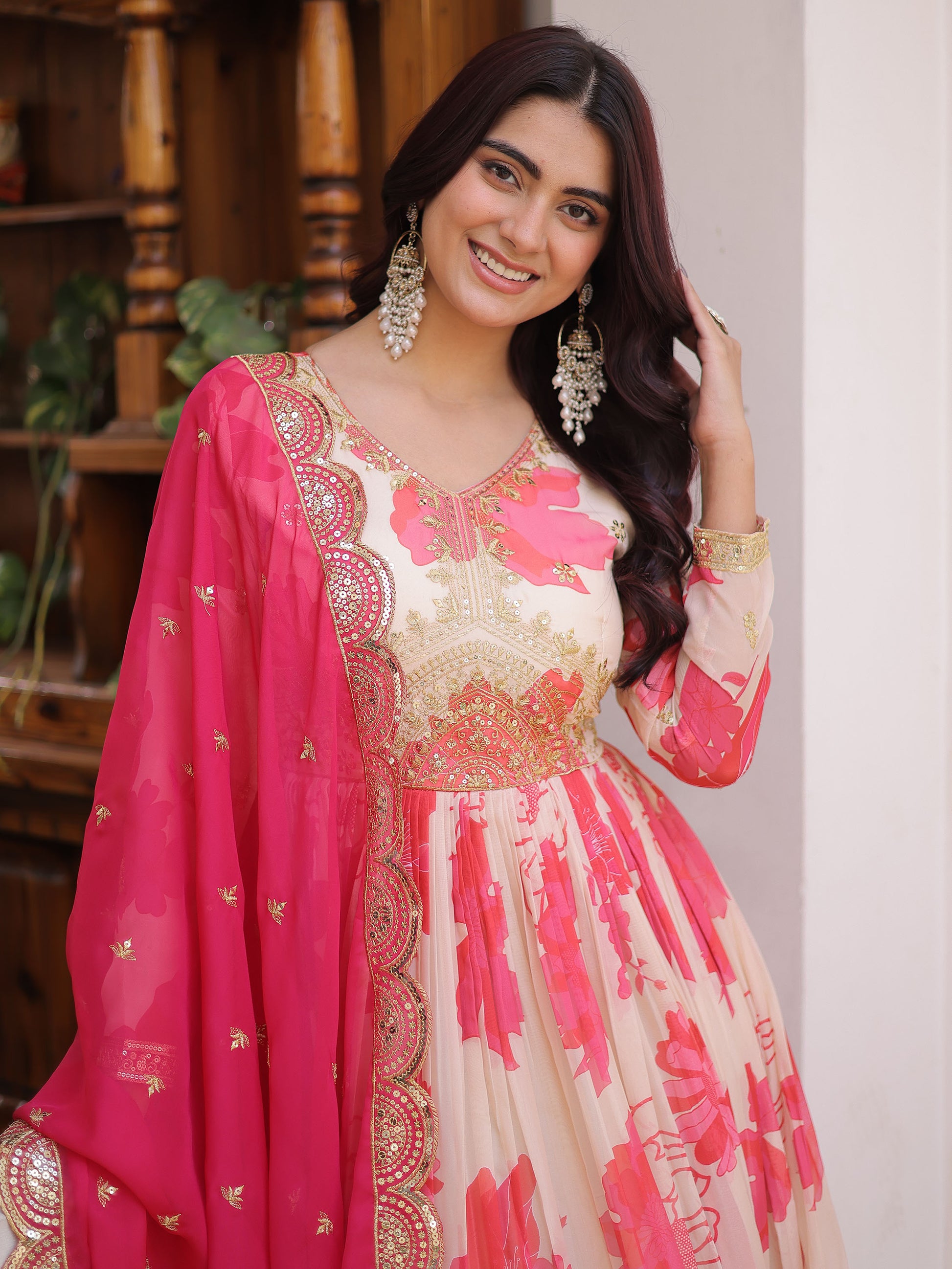Marvelous Cream Floral Printed Silk Festival Wear Anarkali Gown