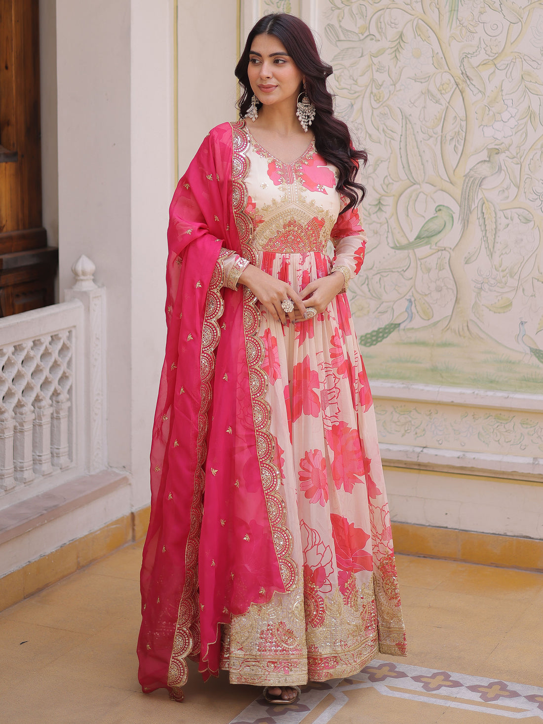 Marvelous Cream Floral Printed Silk Festival Wear Anarkali Gown