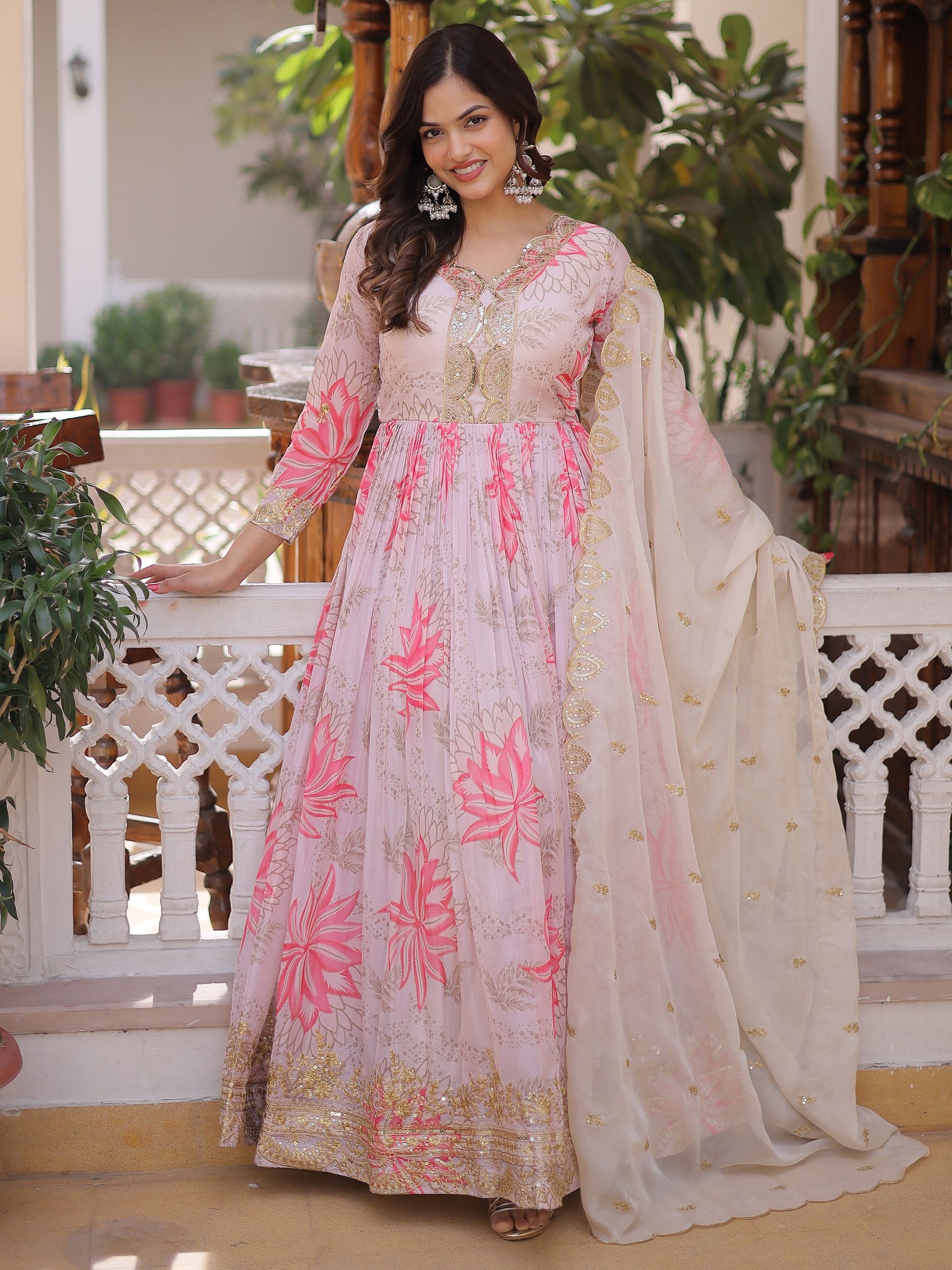 Charming Off-White Floral Printed Silk Festival Wear Gown With Dupatta