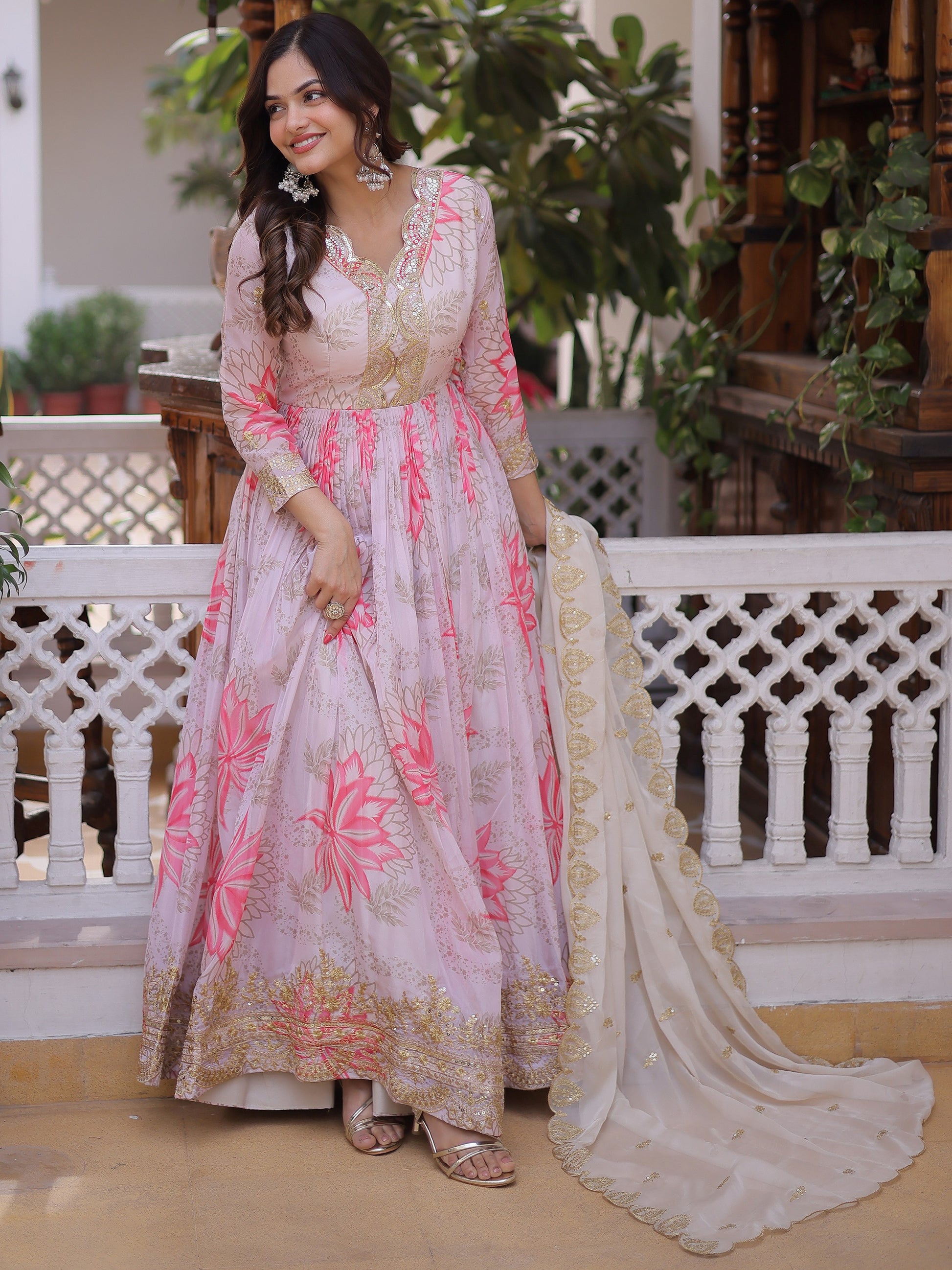 Charming Off-White Floral Printed Silk Festival Wear Gown With Dupatta