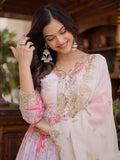 Charming Off-White Floral Printed Silk Festival Wear Gown With Dupatta