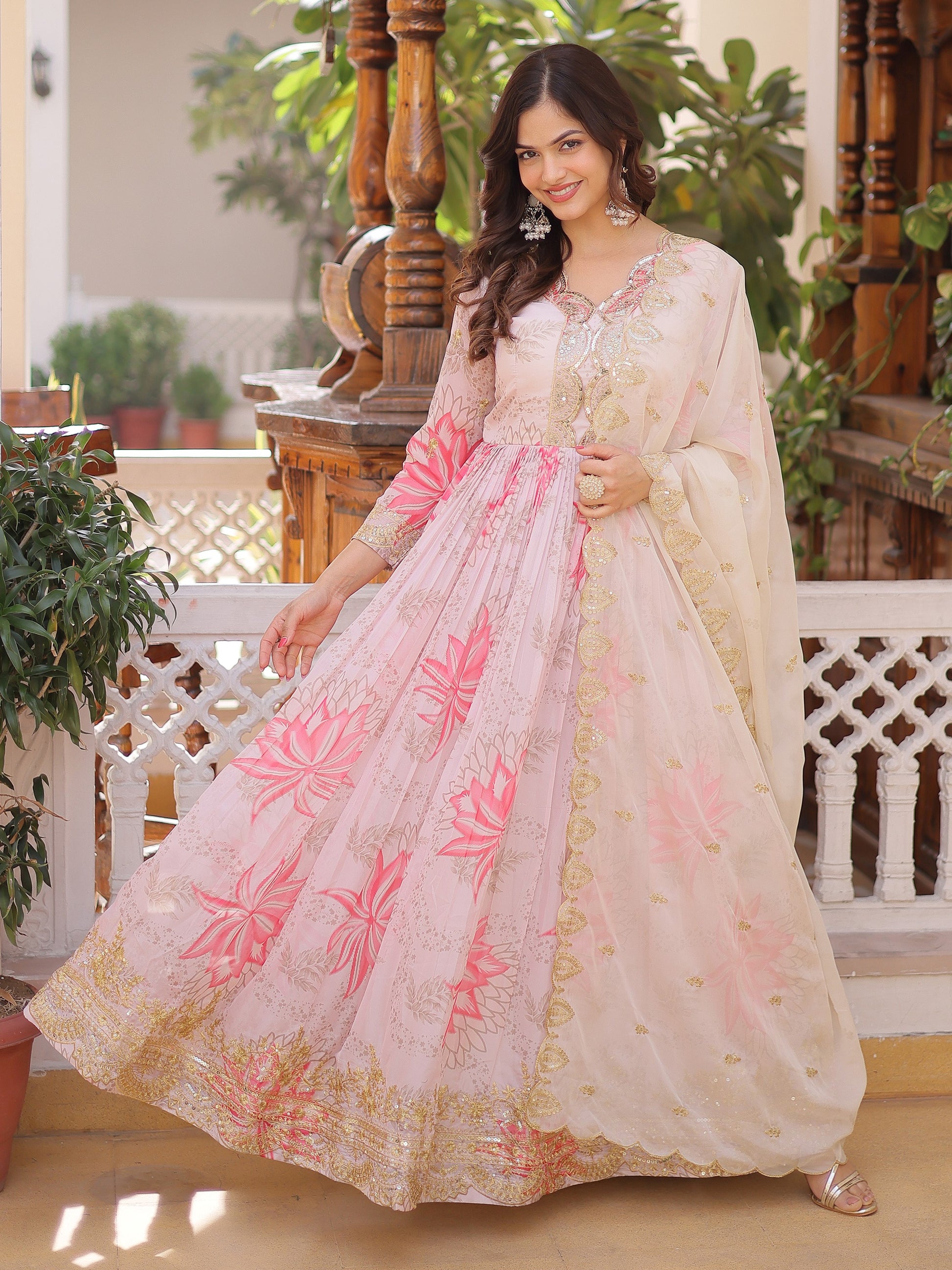 Charming Off-White Floral Printed Silk Festival Wear Gown With Dupatta