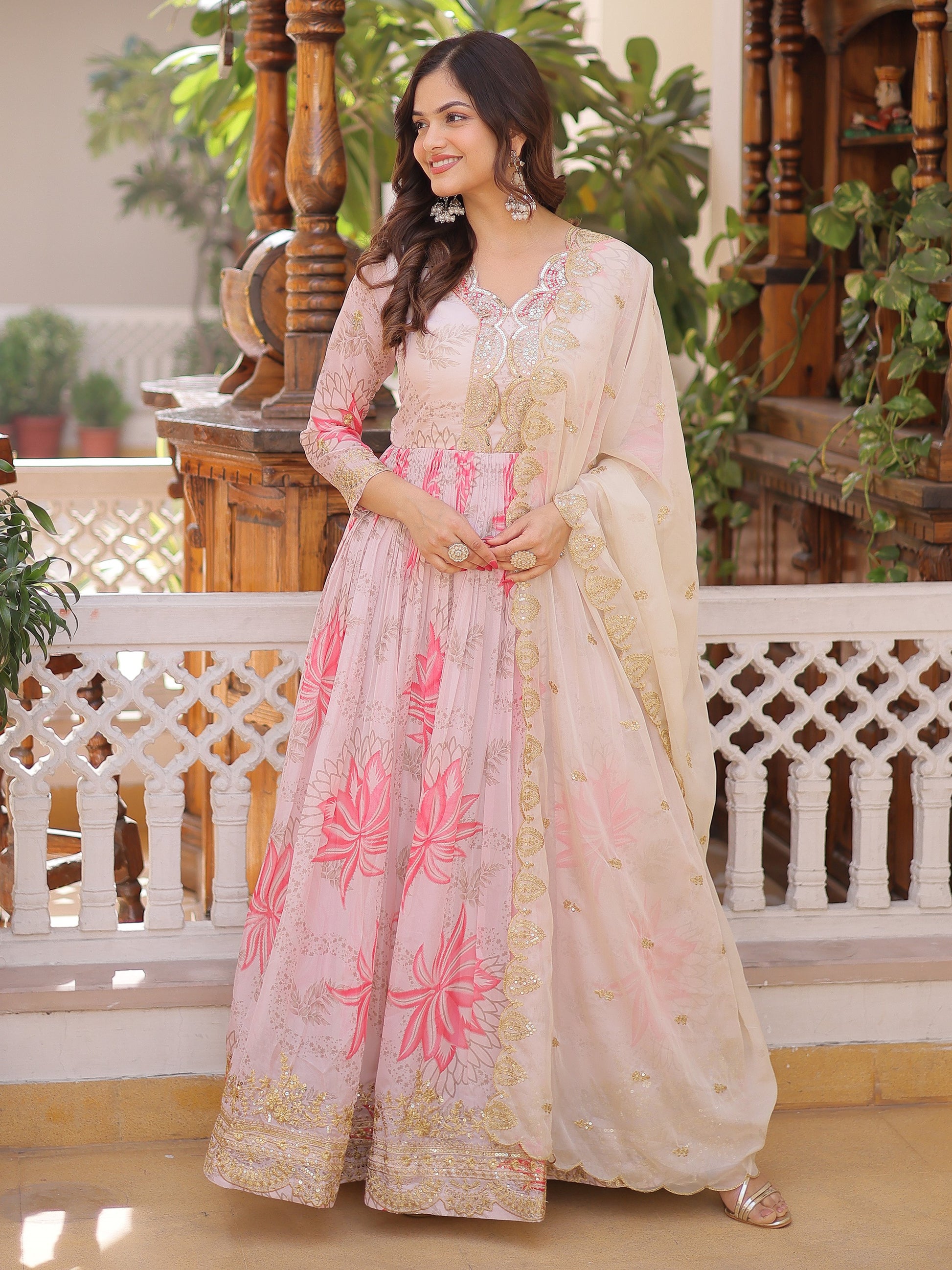 Charming Off-White Floral Printed Silk Festival Wear Gown With Dupatta