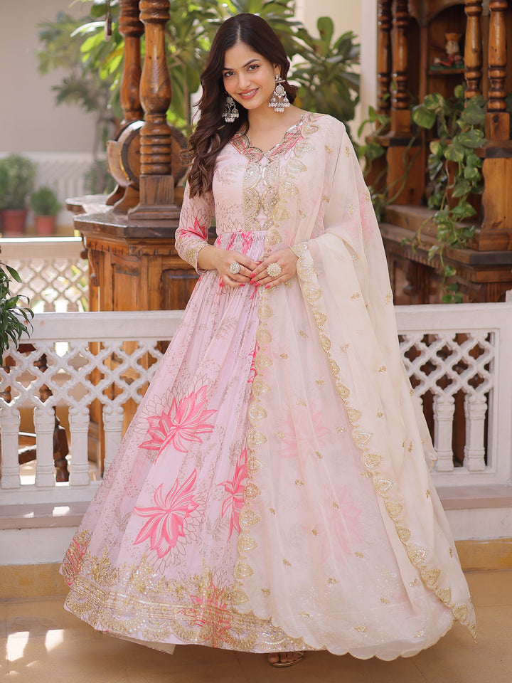 Charming Off-White Floral Printed Silk Festival Wear Gown With Dupatta