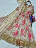 Charming Off-White Floral Printed Silk Festival Wear Gown With Dupatta