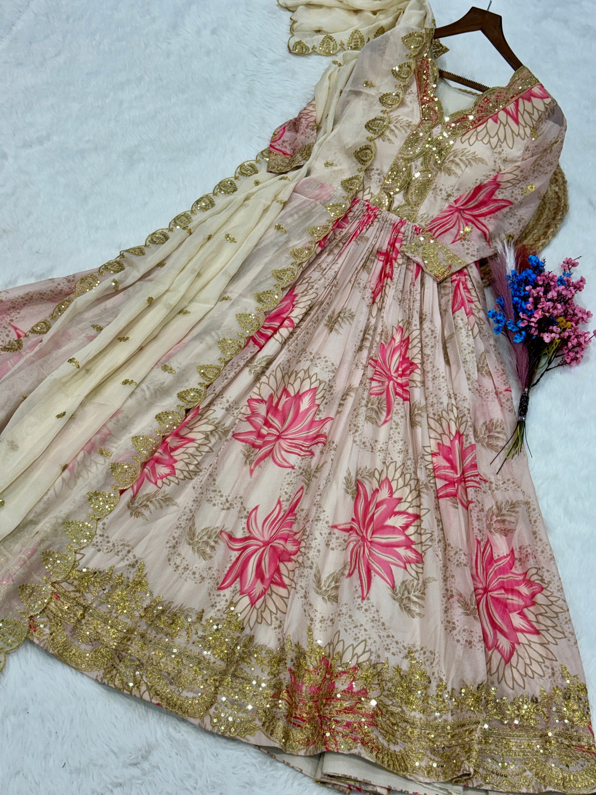 Charming Off-White Floral Printed Silk Festival Wear Gown With Dupatta