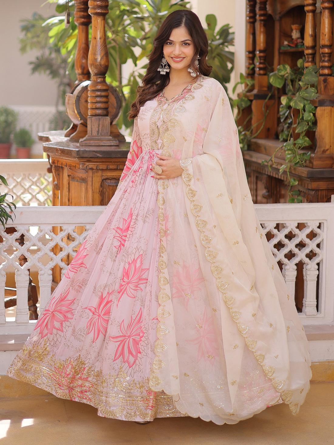 Charming Off-White Floral Printed Silk Festival Wear Gown With Dupatta