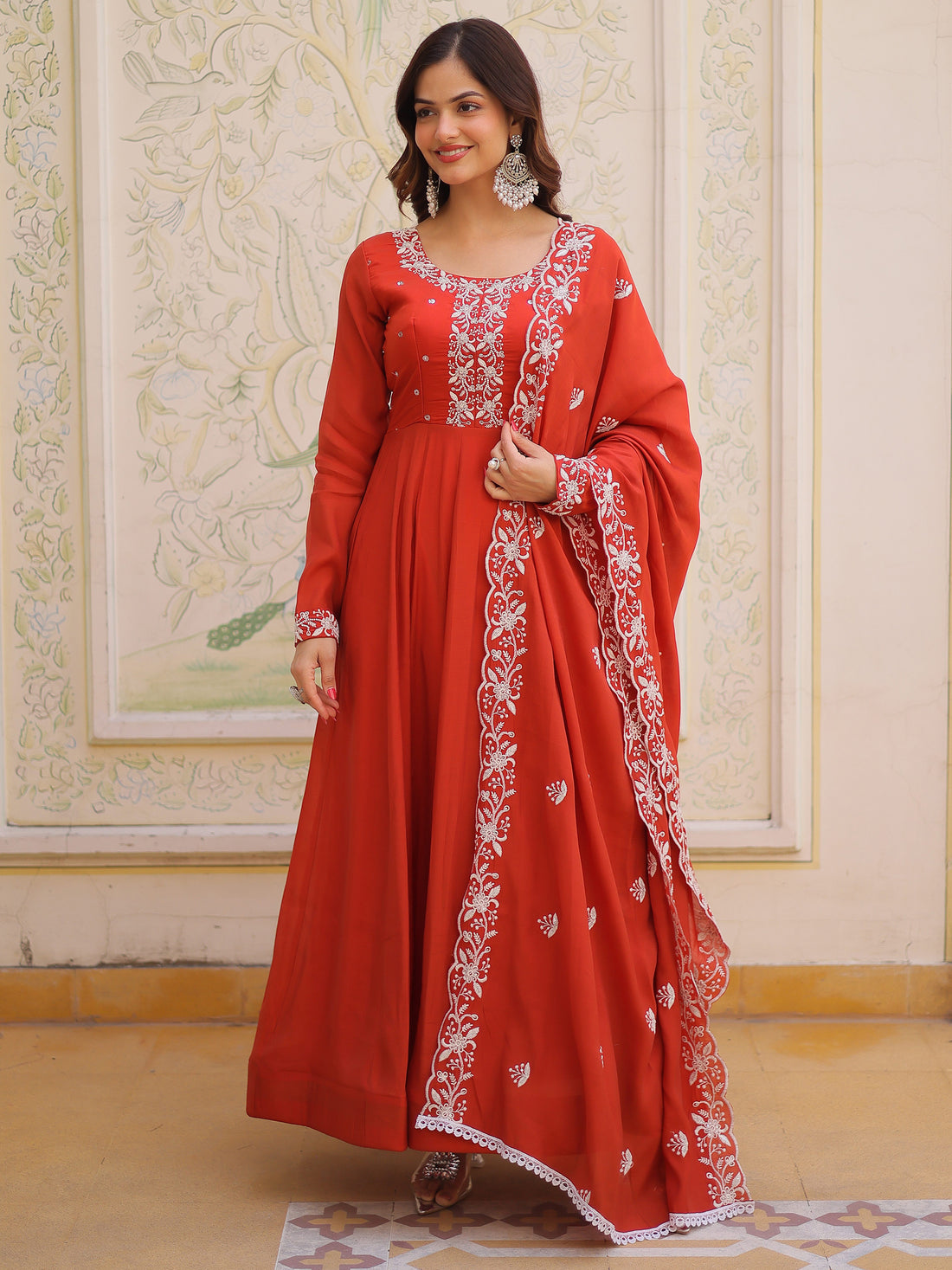 Tantalizing Rust Orange Beads Work Chanderi Event Wear Gown With Dupatta