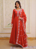 Tantalizing Rust Orange Beads Work Chanderi Event Wear Gown With Dupatta
