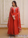 Tantalizing Rust Orange Beads Work Chanderi Event Wear Gown With Dupatta