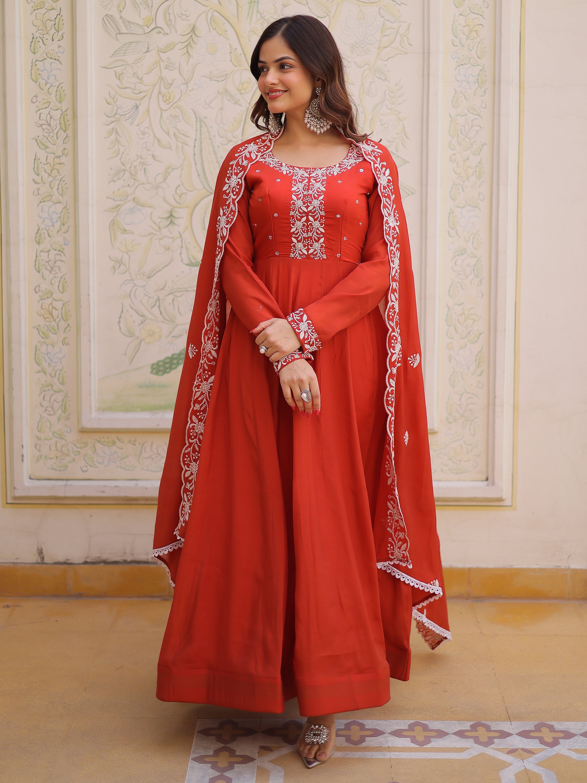 Tantalizing Rust Orange Beads Work Chanderi Event Wear Gown With Dupatta