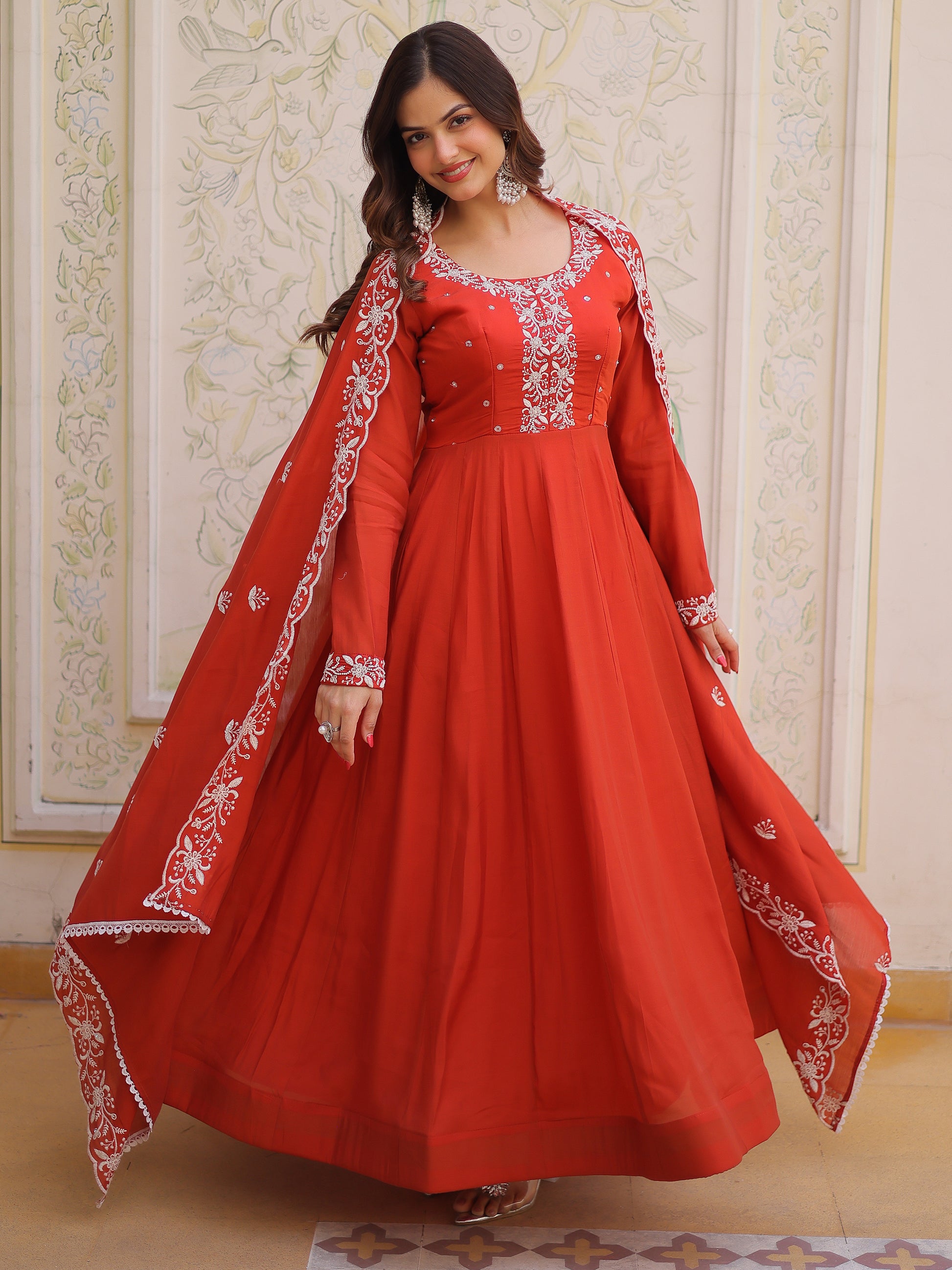 Tantalizing Rust Orange Beads Work Chanderi Event Wear Gown With Dupatta