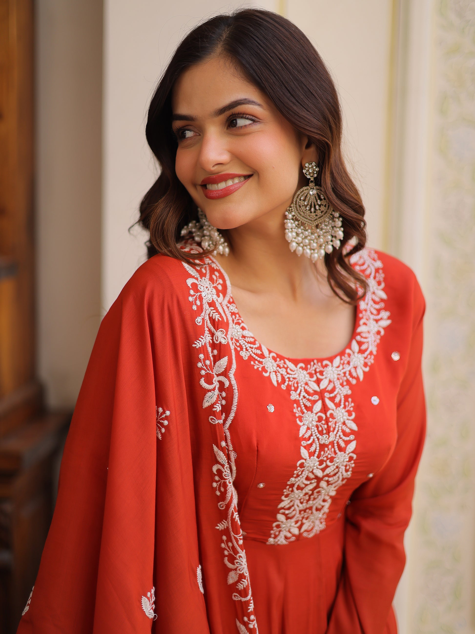 Tantalizing Rust Orange Beads Work Chanderi Event Wear Gown With Dupatta