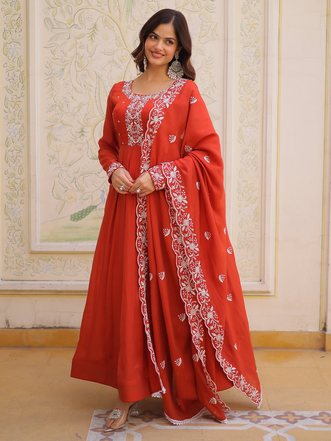 Tantalizing Rust Orange Beads Work Chanderi Event Wear Gown With Dupatta