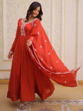 Tantalizing Rust Orange Beads Work Chanderi Event Wear Gown With Dupatta