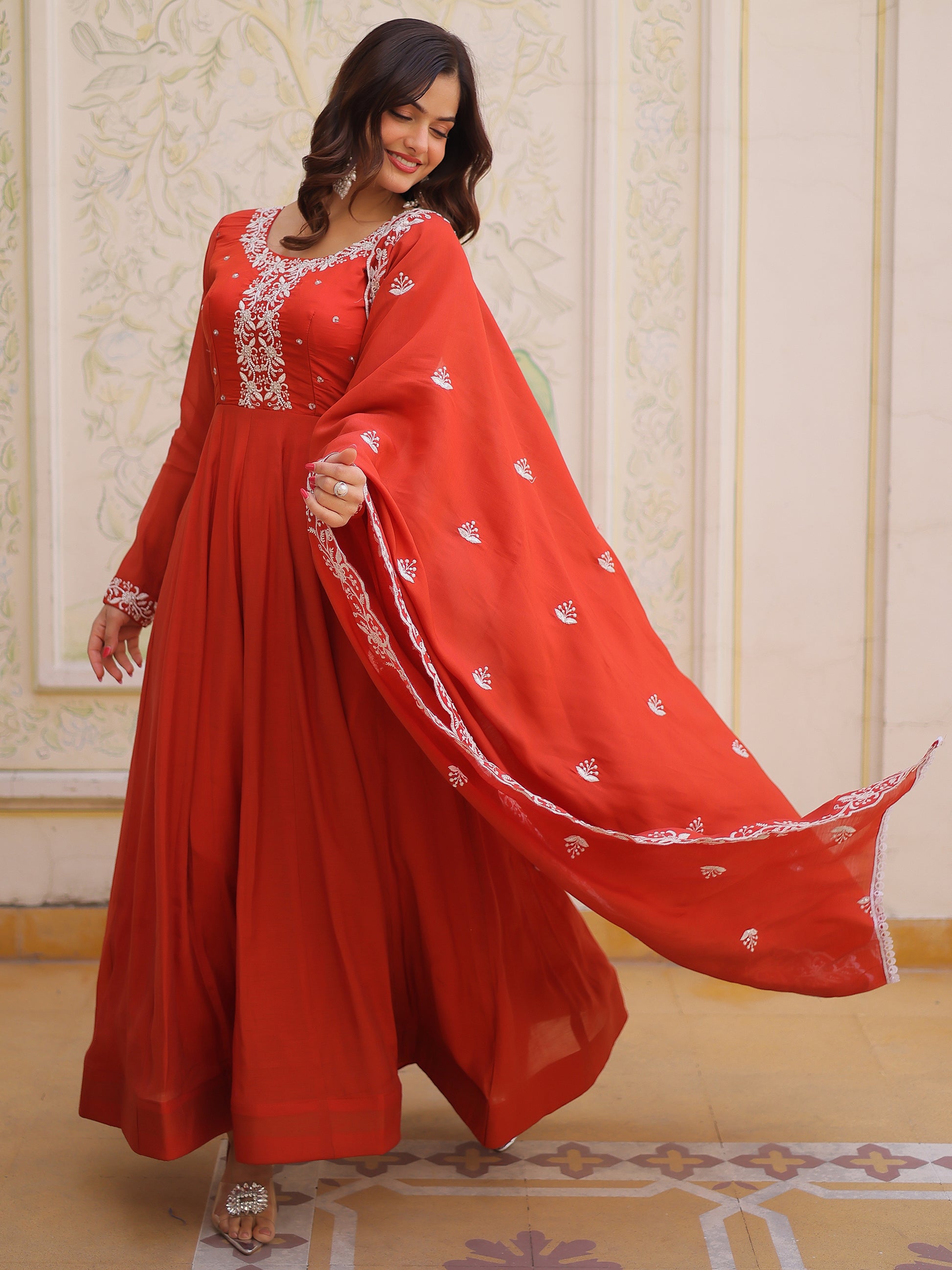 Tantalizing Rust Orange Beads Work Chanderi Event Wear Gown With Dupatta