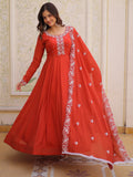 Tantalizing Rust Orange Beads Work Chanderi Event Wear Gown With Dupatta