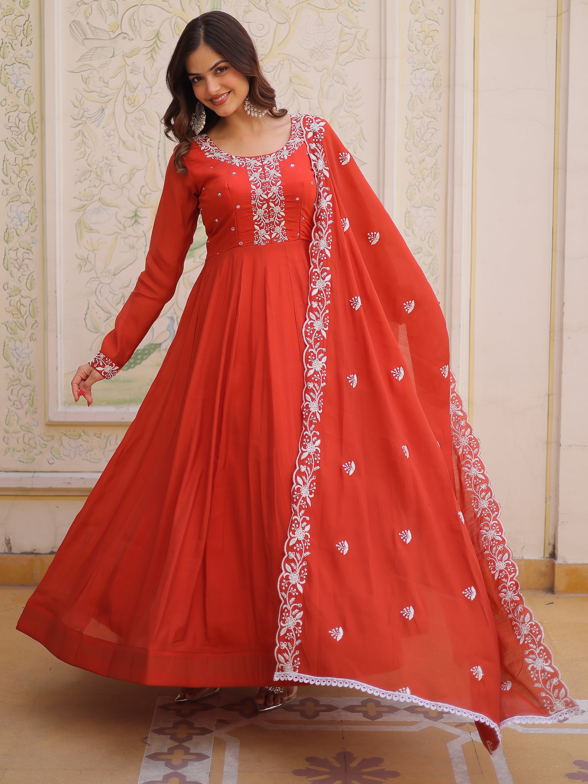 Tantalizing Rust Orange Beads Work Chanderi Event Wear Gown With Dupatta