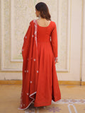 Tantalizing Rust Orange Beads Work Chanderi Event Wear Gown With Dupatta