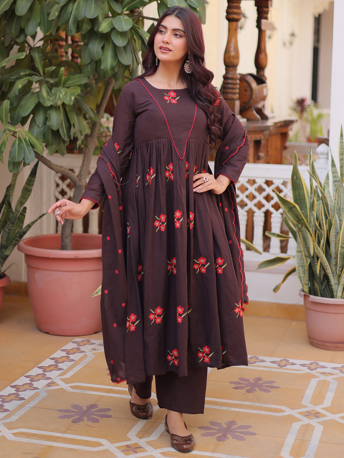 Elegant Brown Floral Embroidered Cotton Casual Wear Pant Suit