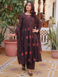 Elegant Brown Floral Embroidered Cotton Casual Wear Pant Suit