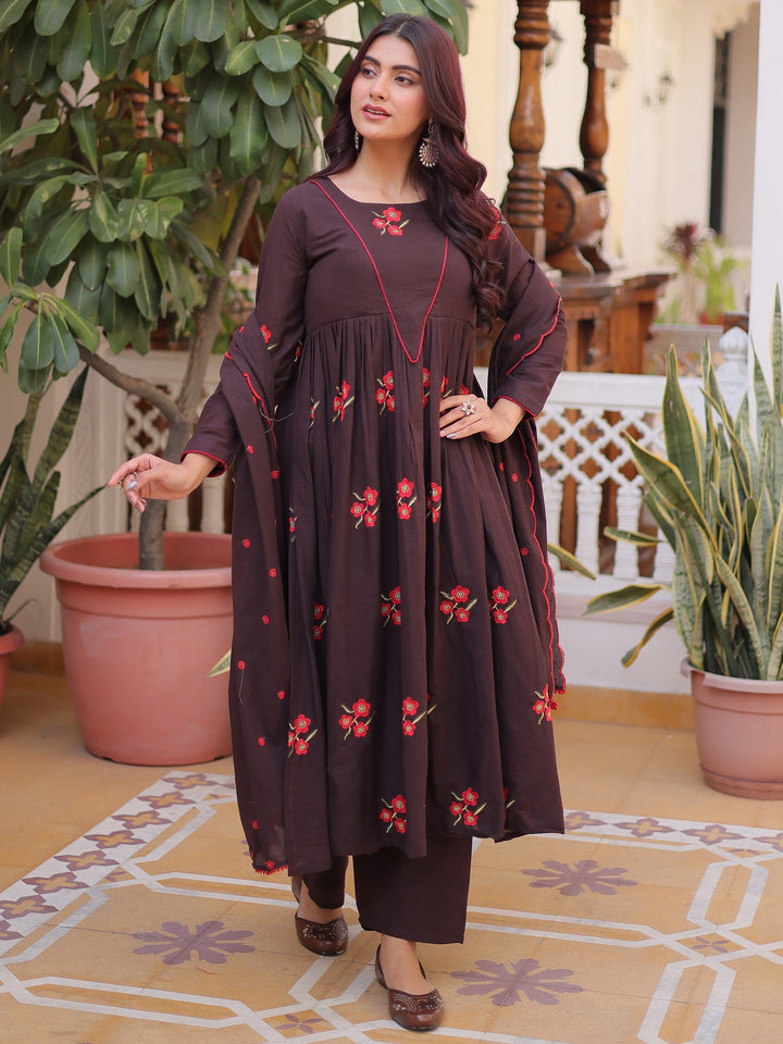 Elegant Brown Floral Embroidered Cotton Casual Wear Pant Suit