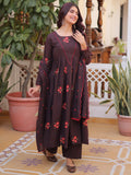 Elegant Brown Floral Embroidered Cotton Casual Wear Pant Suit