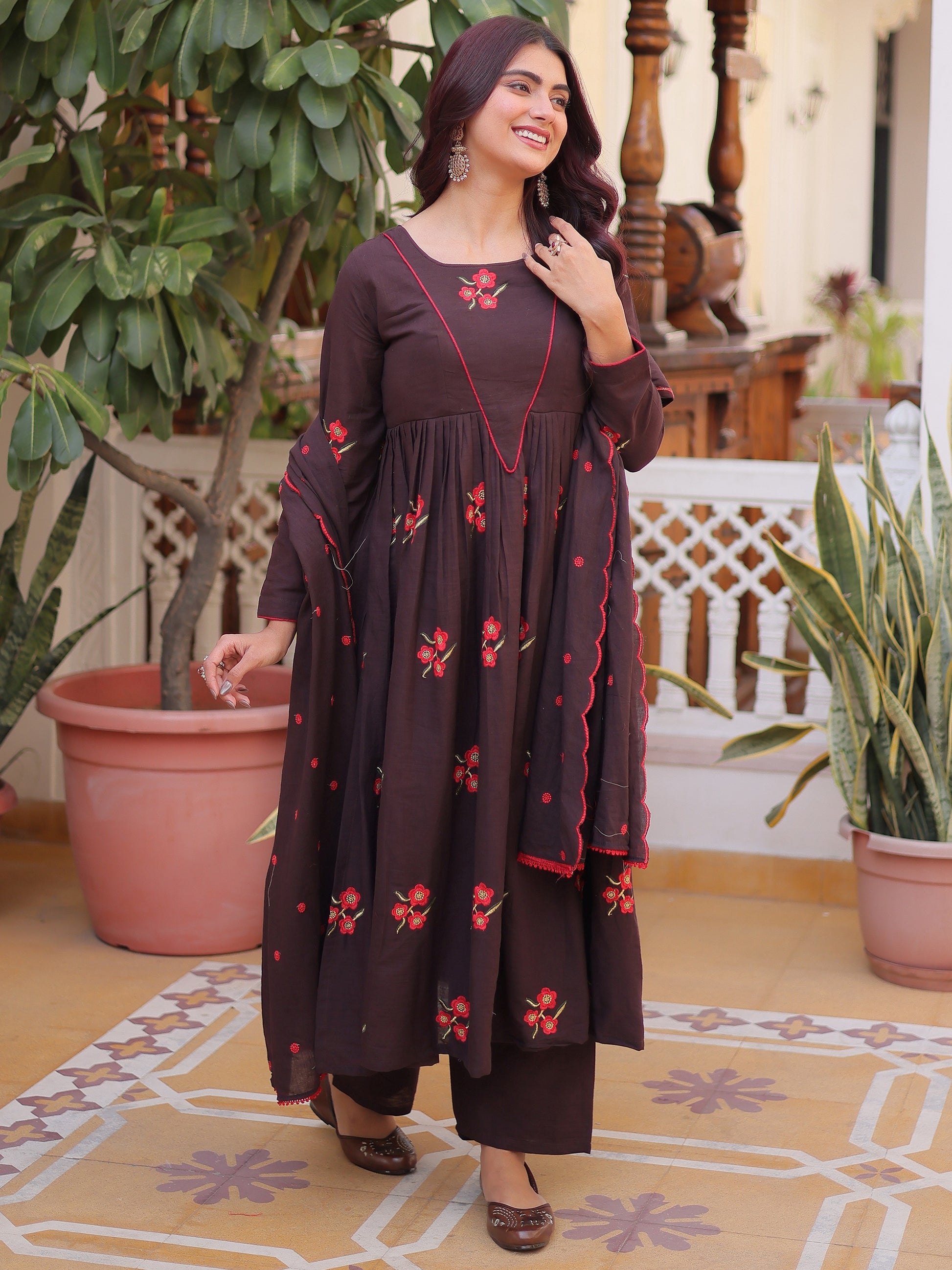 Elegant Brown Floral Embroidered Cotton Casual Wear Pant Suit