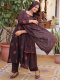 Elegant Brown Floral Embroidered Cotton Casual Wear Pant Suit