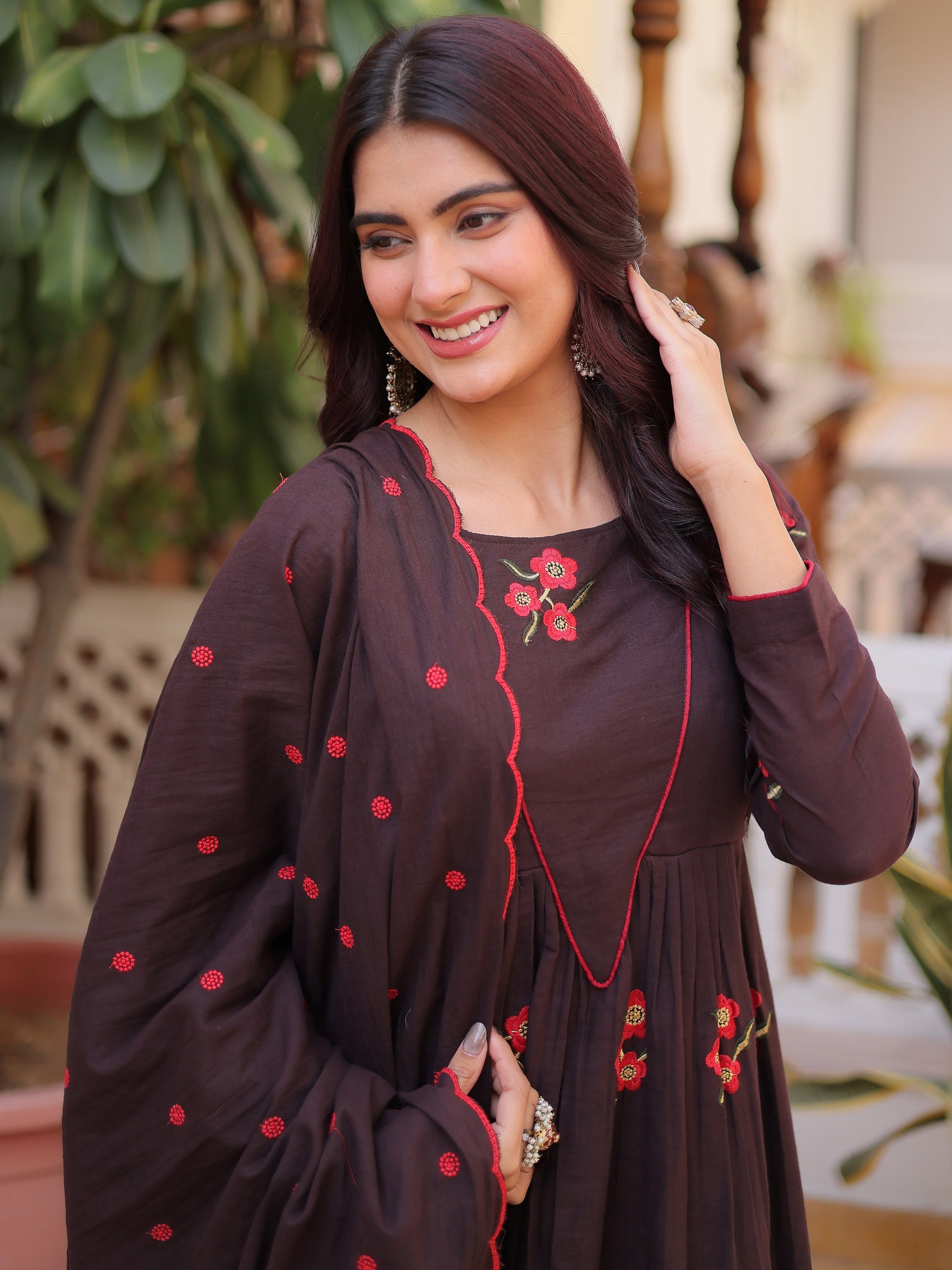 Elegant Brown Floral Embroidered Cotton Casual Wear Pant Suit