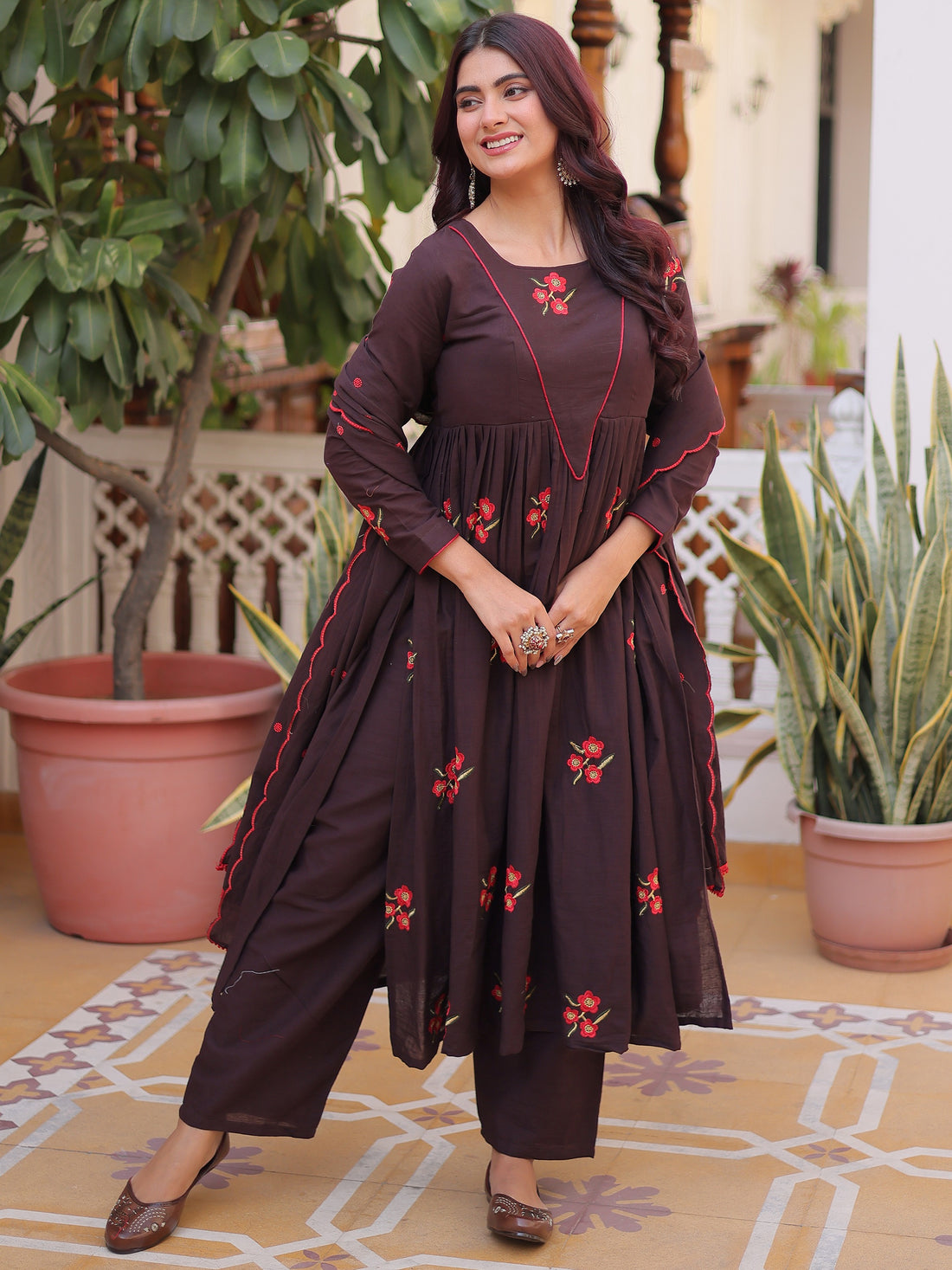 Elegant Brown Floral Embroidered Cotton Casual Wear Pant Suit