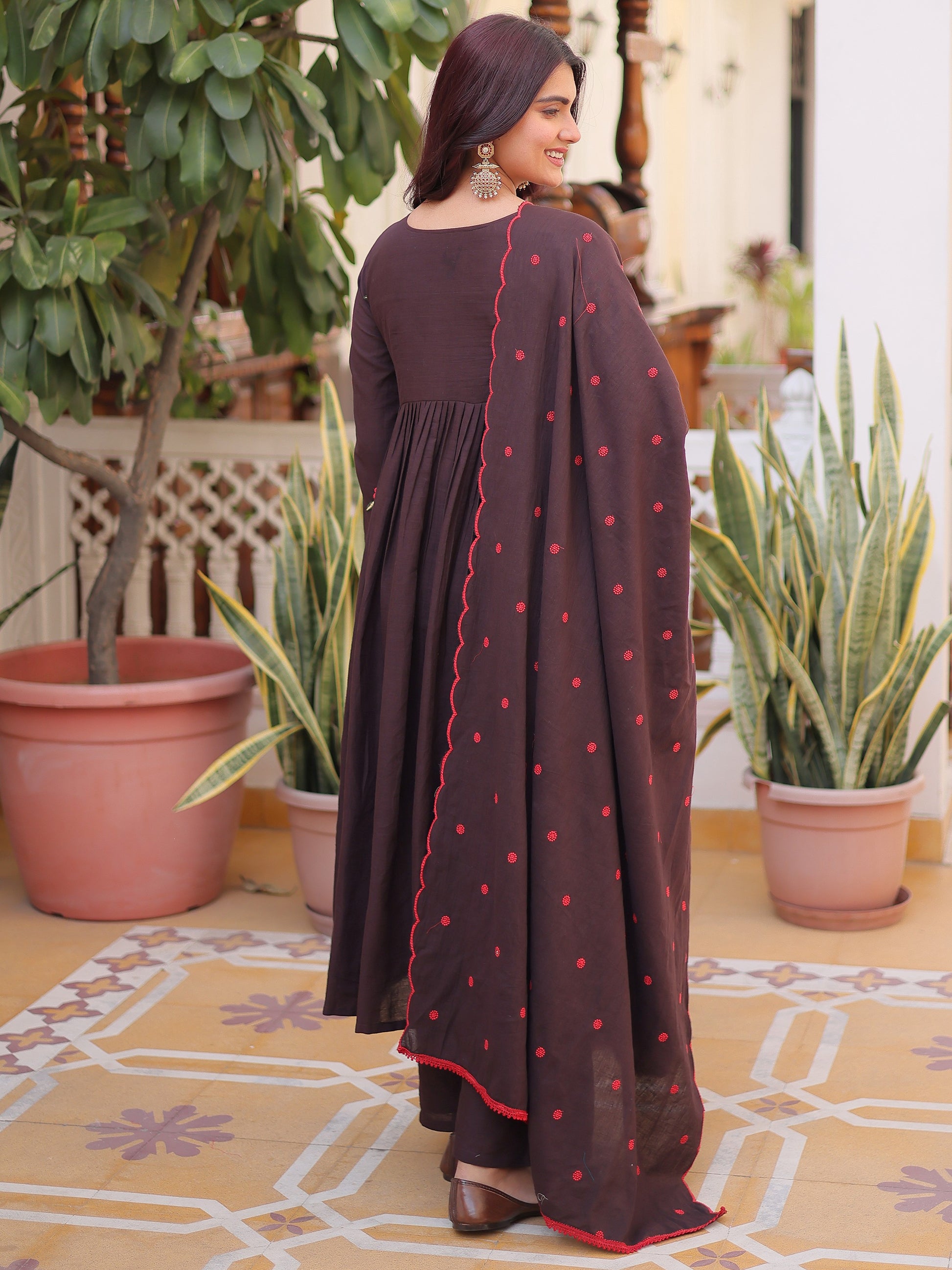 Elegant Brown Floral Embroidered Cotton Casual Wear Pant Suit