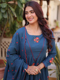Incredible Teal Blue Embroidered Cotton Festival Wear Pant Suit