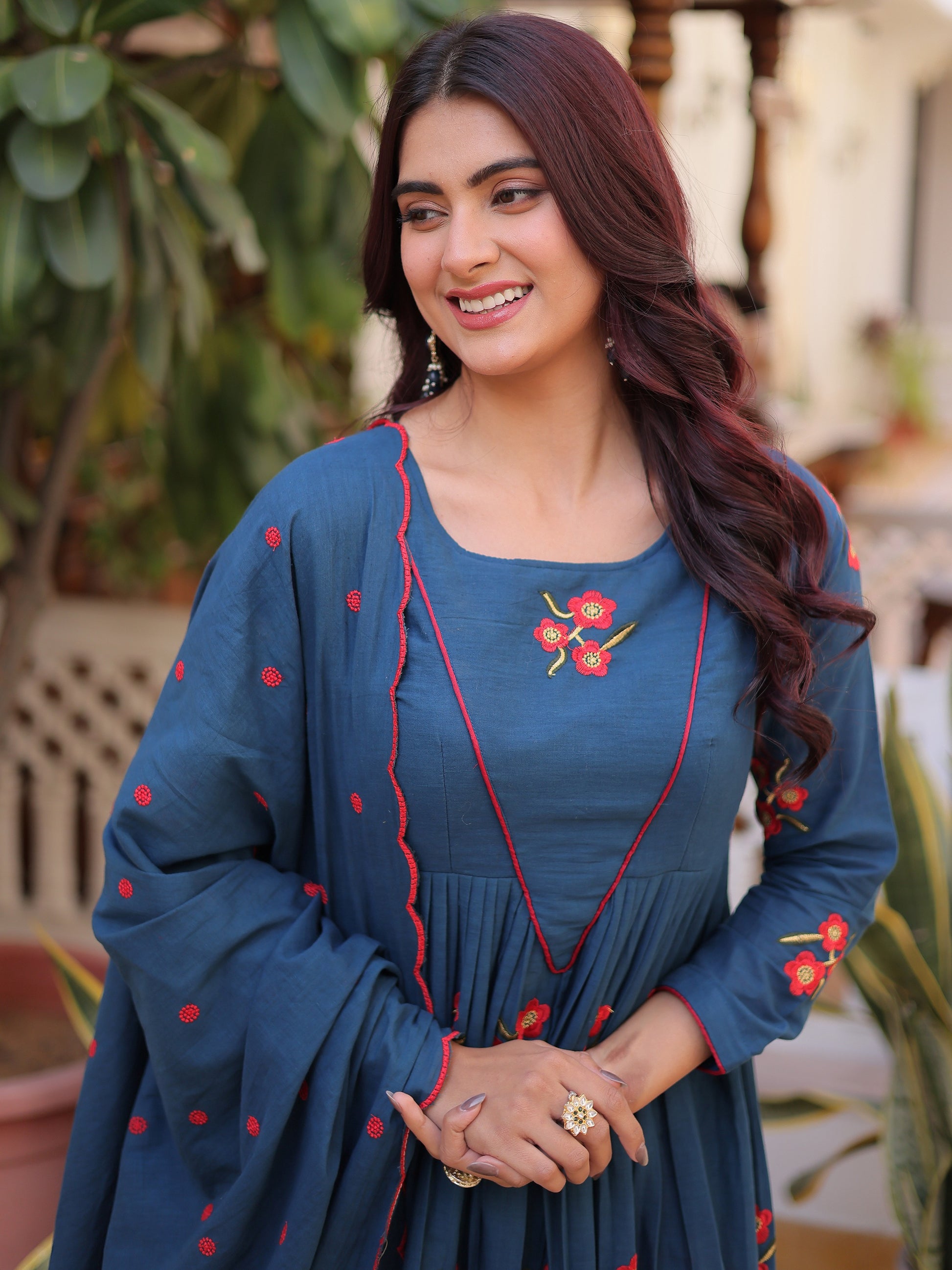 Incredible Teal Blue Embroidered Cotton Festival Wear Pant Suit