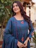 Incredible Teal Blue Embroidered Cotton Festival Wear Pant Suit
