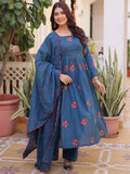 Incredible Teal Blue Embroidered Cotton Festival Wear Pant Suit