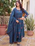 Incredible Teal Blue Embroidered Cotton Festival Wear Pant Suit